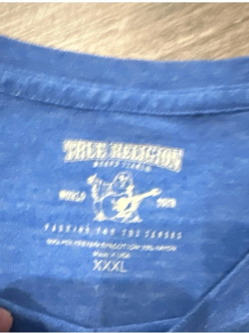 True Religion light blue tee with red-accent label